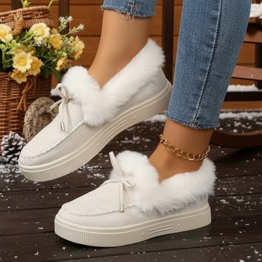 Bow Top Plush Faux Fur Loafers Slip-On Moccasin Soft Flat Outdoor House Shoes